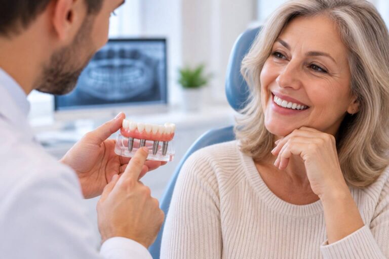 Dentista mostra modelo de prótese protocolo para paciente que sorri. Recupere a estética e função na Viana Odontologia em Rio das Ostras.