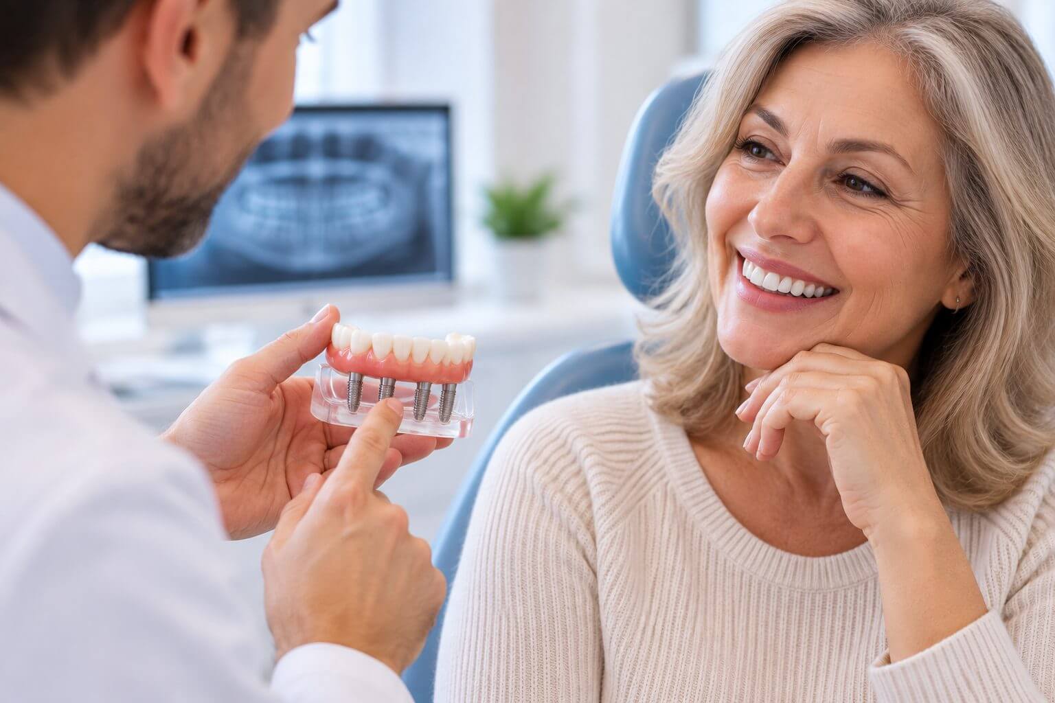 Dentista mostra modelo de prótese protocolo para paciente que sorri. Recupere a estética e função na Viana Odontologia em Rio das Ostras.